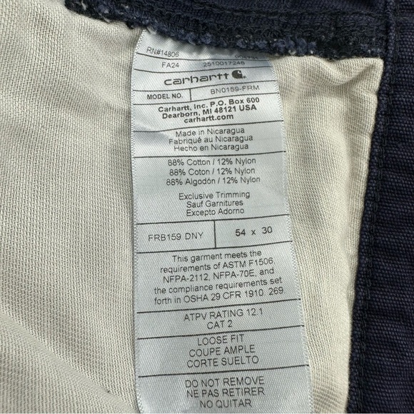 Men’s Carhartt FR Cat 2 2112 Blue Cargo Work Pants Size 54x30 Flame Resistant - Picture 7 of 12